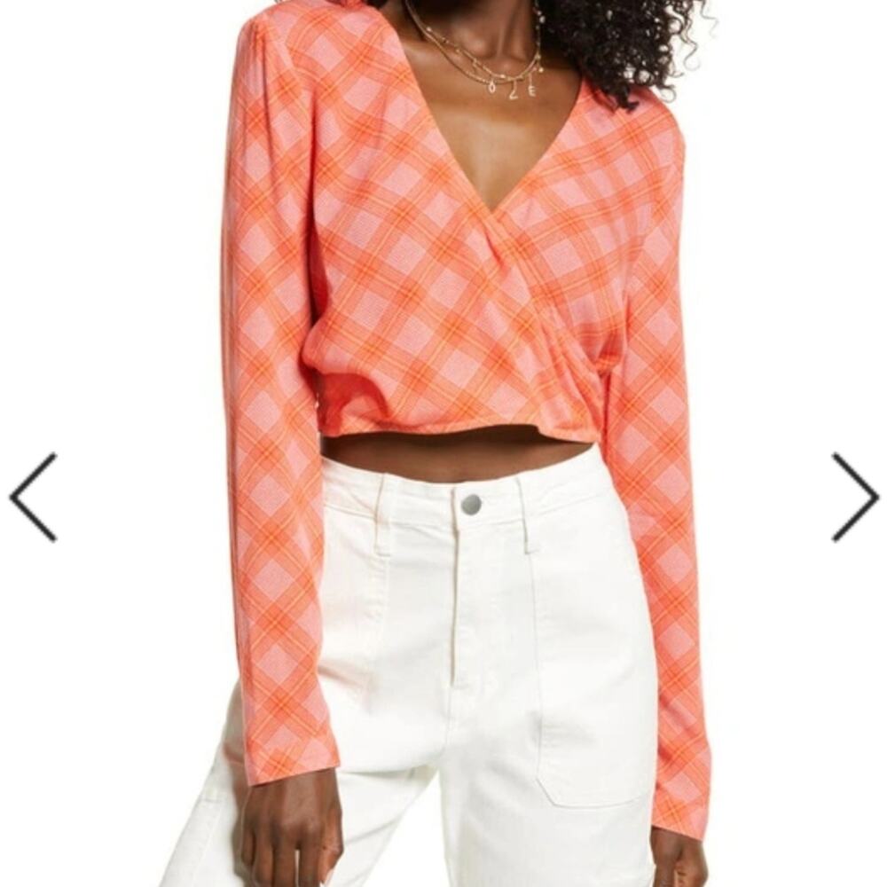 New BP Nordstrom Top Plaid Surplice Neckline Pink Orange Cropped Plus Size‎ 1X